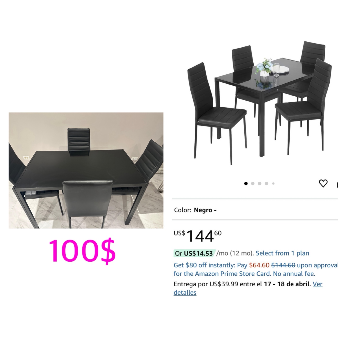 Black 5-Piece Dining Set with Glass Top Table