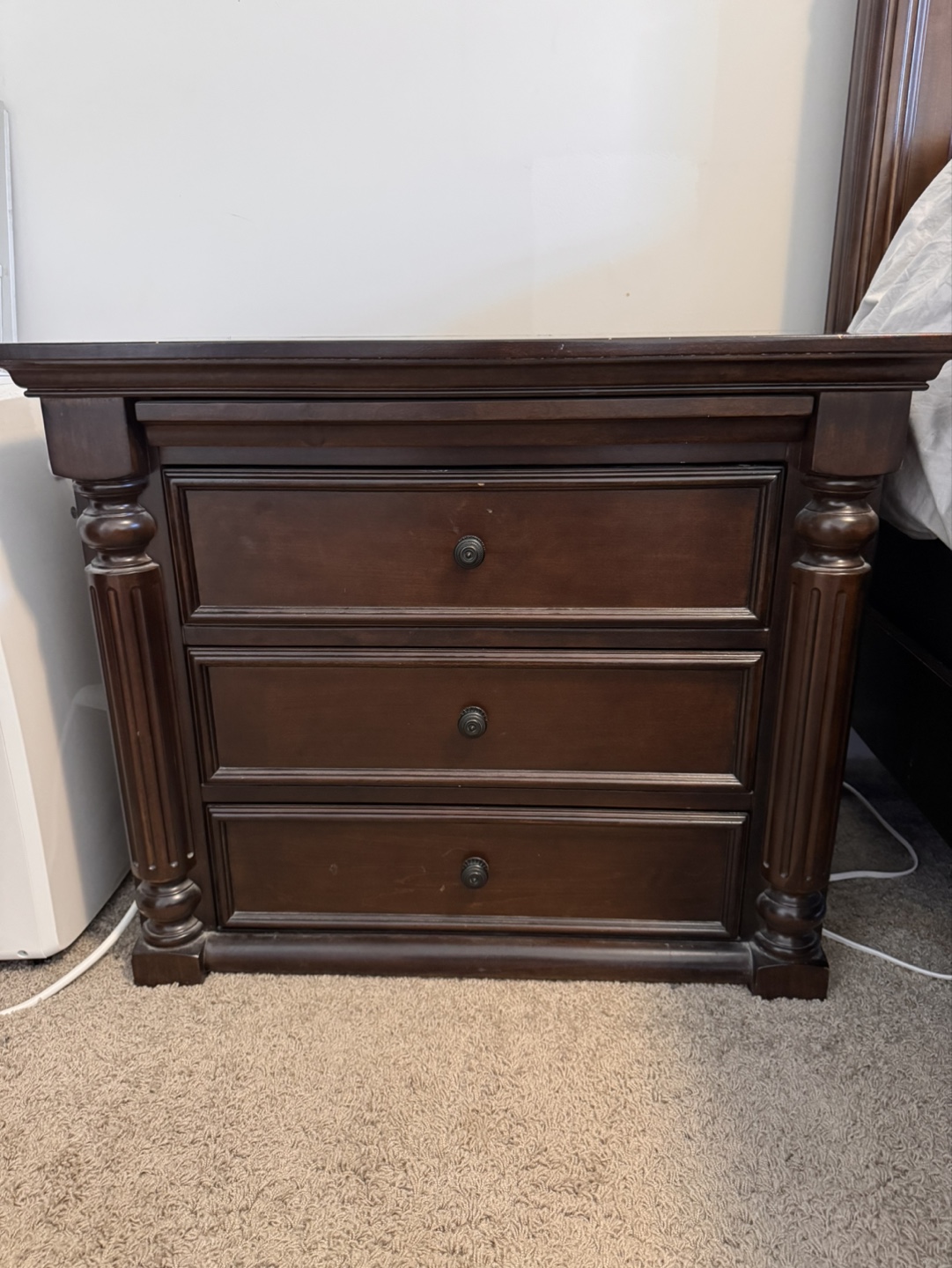 Dark Brown Wooden Nightstand with Three Drawers