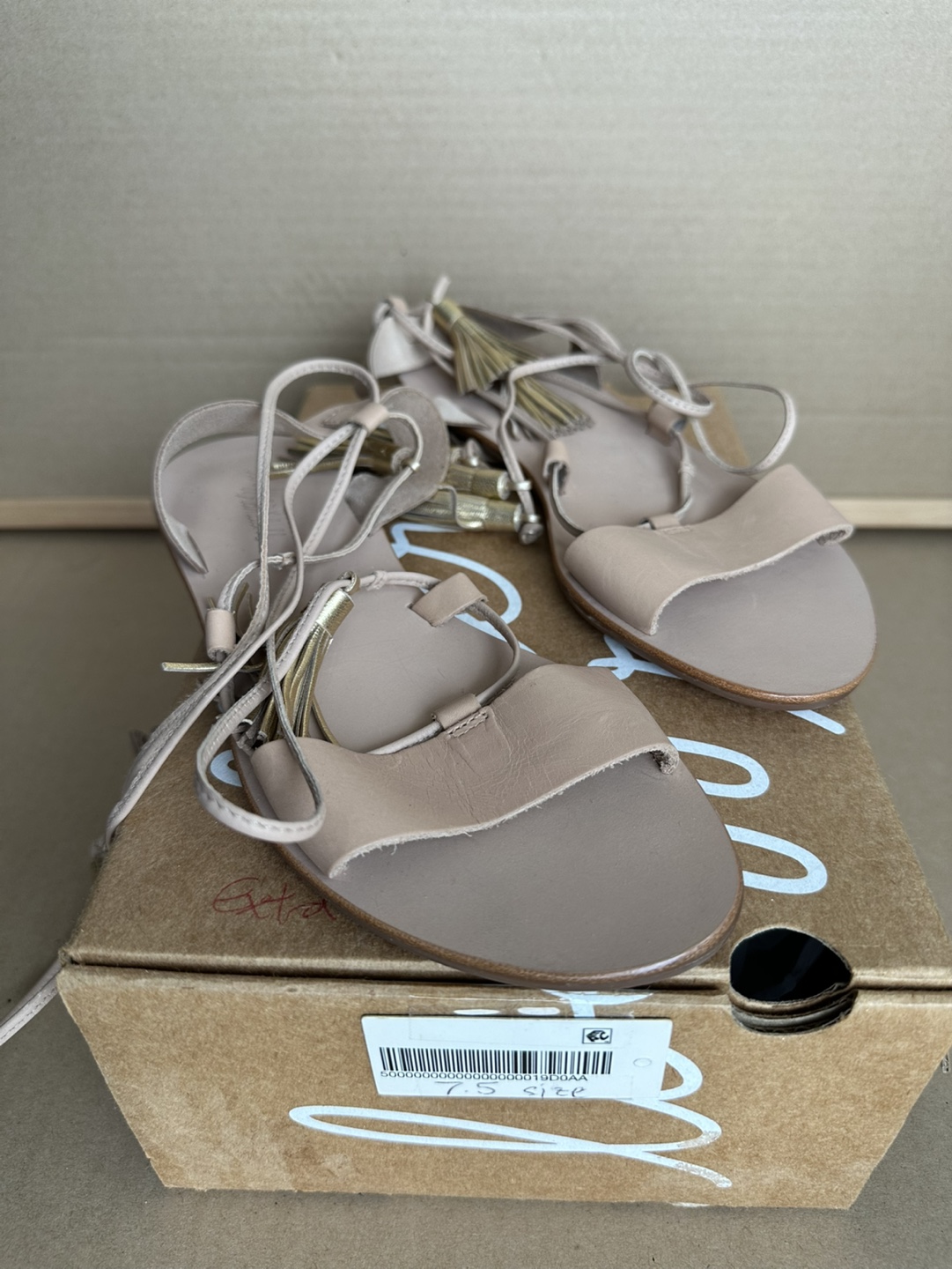 Women's Beige Leather Lace-Up Sandals with Tassels