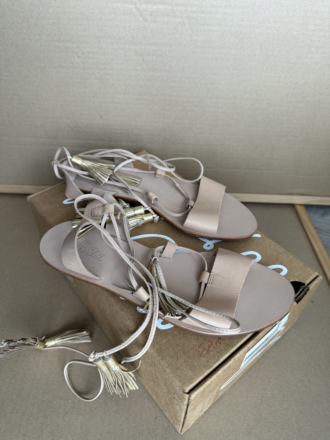 Women's Beige Leather Lace-Up Sandals with Tassels - photo 2