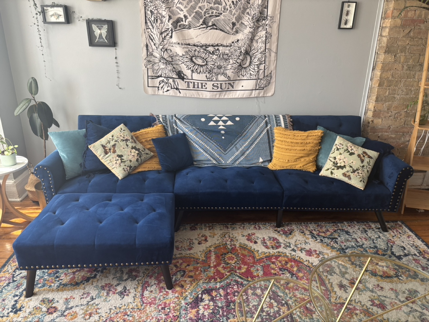 Navy Blue Velvet Sectional Futon Sofa with Chaise