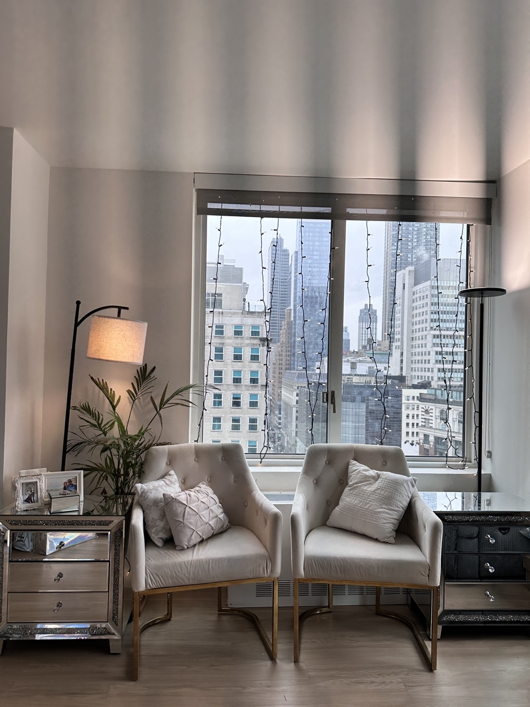 Pair of Beige Accent Chairs with Gold Legs