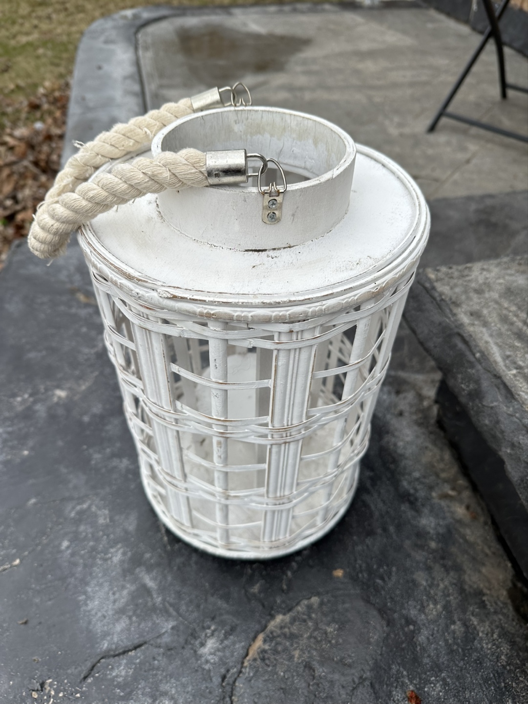 Set of Two White Wicker Lanterns with Rope Handles