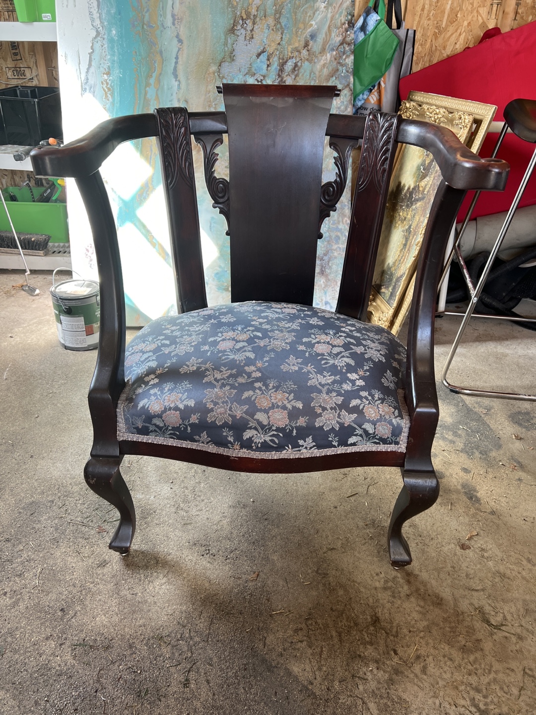 Antique Wooden Chair with Floral Upholstery