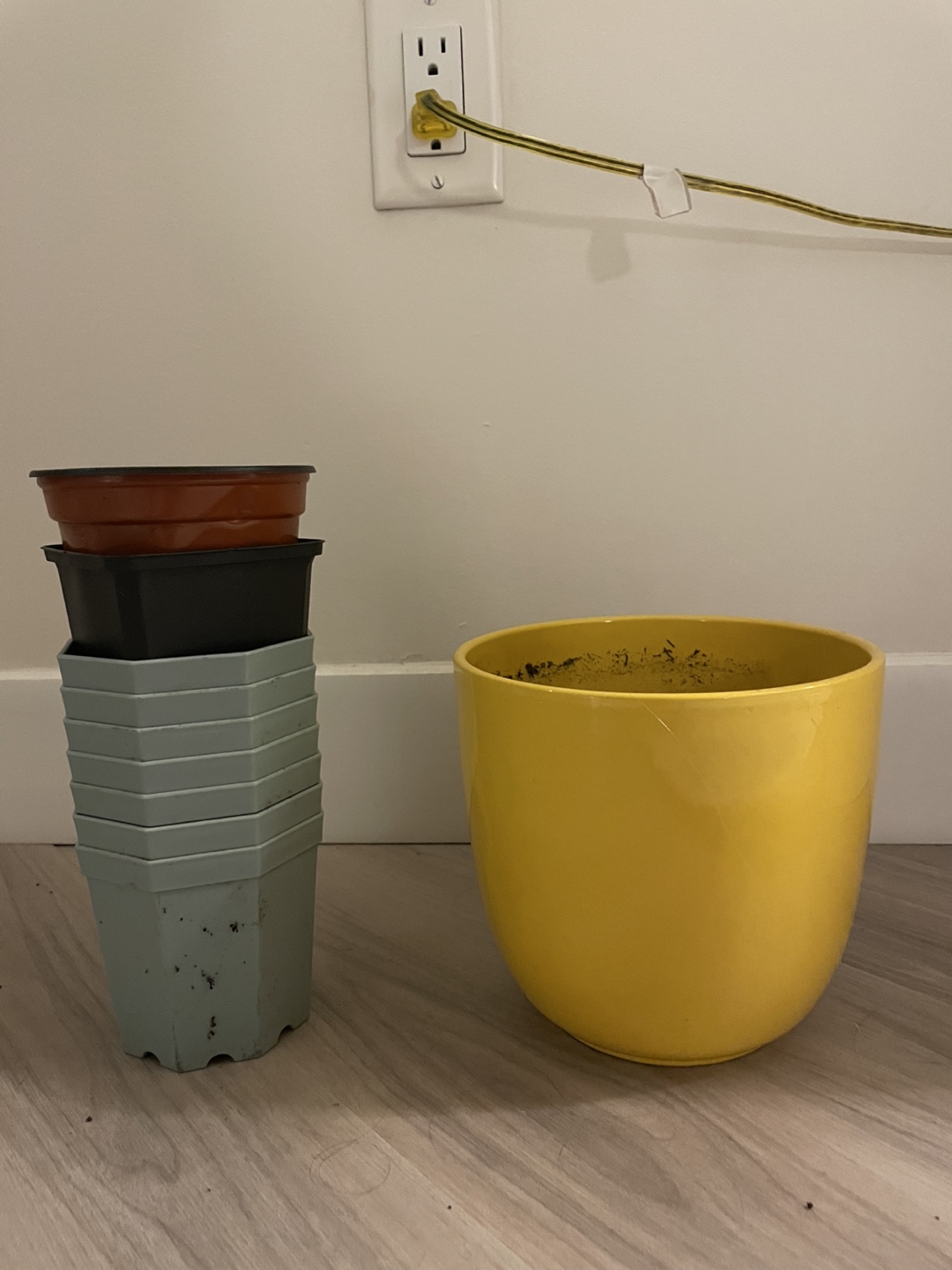 Assorted Plastic Plant Pots and Yellow Planter