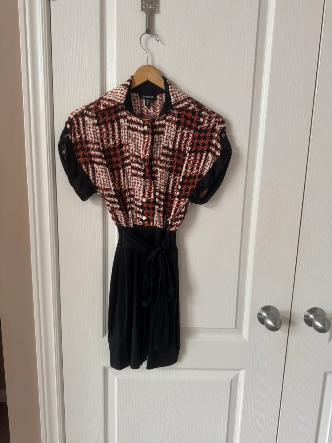 bebe Womens XXS Brown and Black Houndstooth Print Mini Dress image indicator(2)