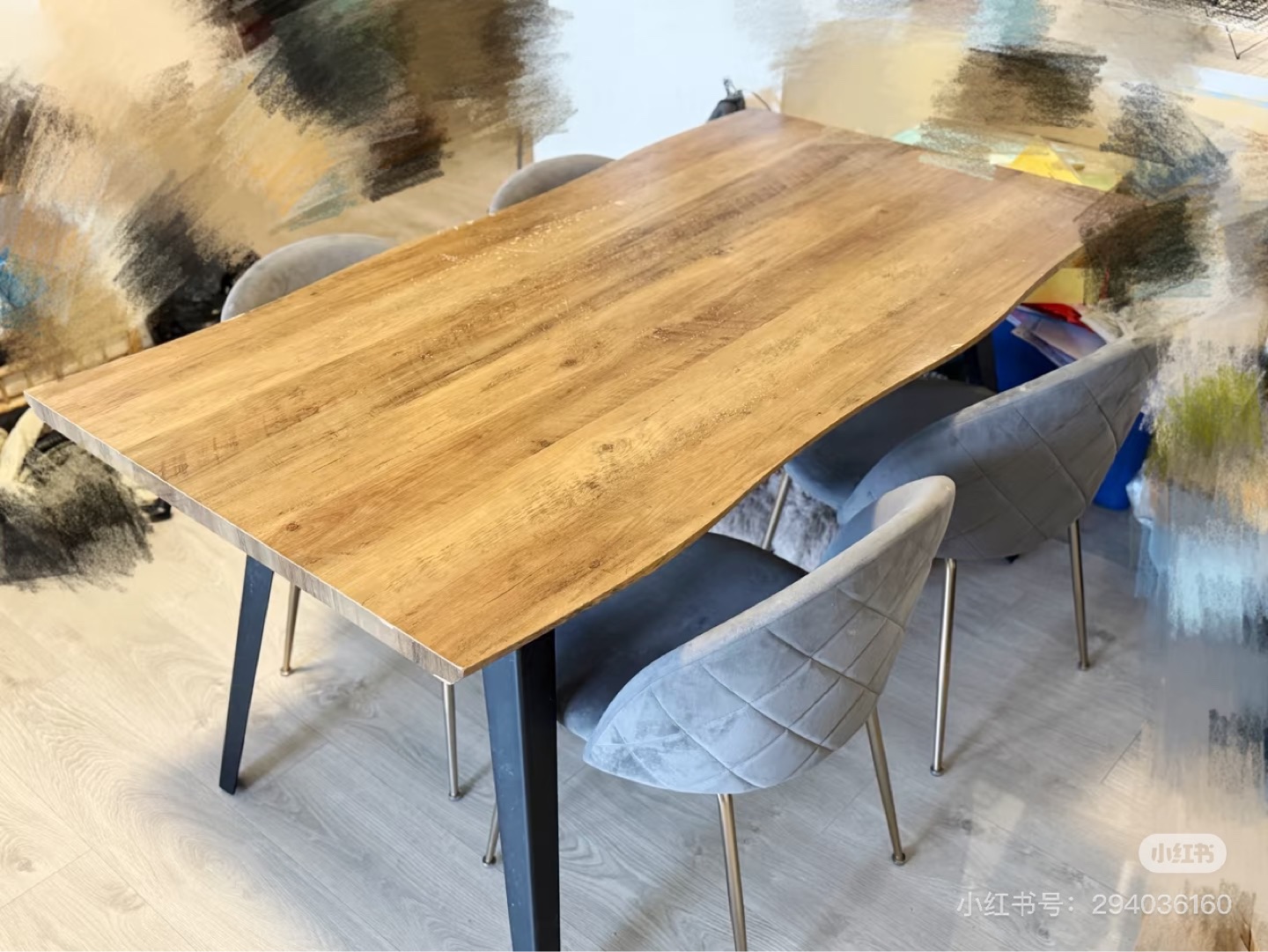 Live Edge Dining Table with Four Grey Velvet Chairs