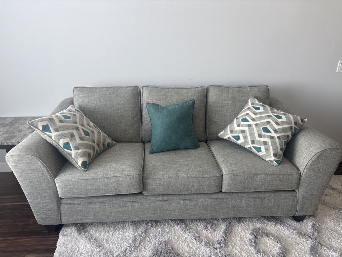Grey Fabric Sofa with Throw Pillows