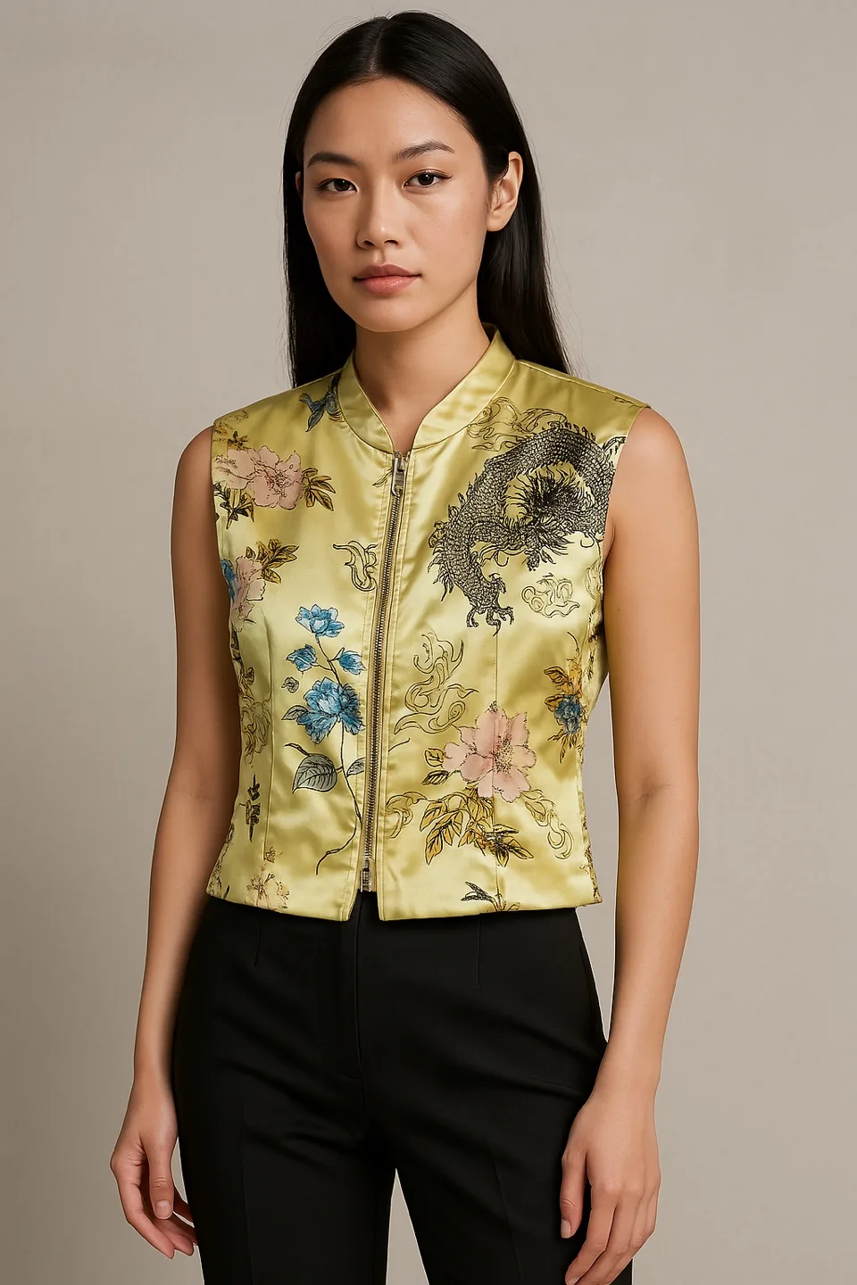 Vintage Cropped Yellow Satin Oriental Style Zip Up Vest size 10 thumbnail