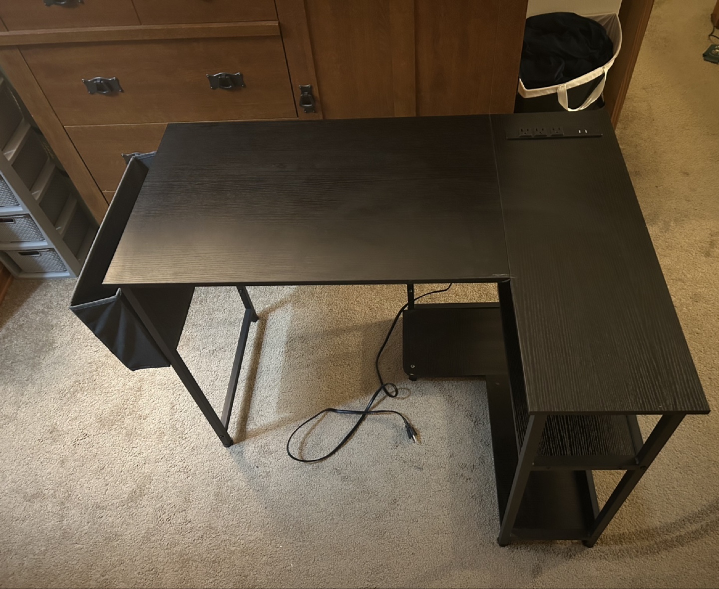 L-Shaped Computer Desk with Built-in Power Strip and Storage