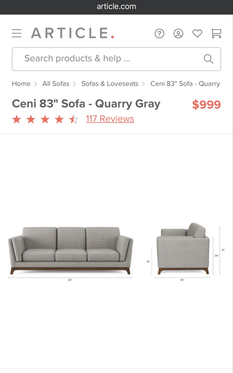 Article Ceni 83" Sofa- Volcanic Gray - photo 4