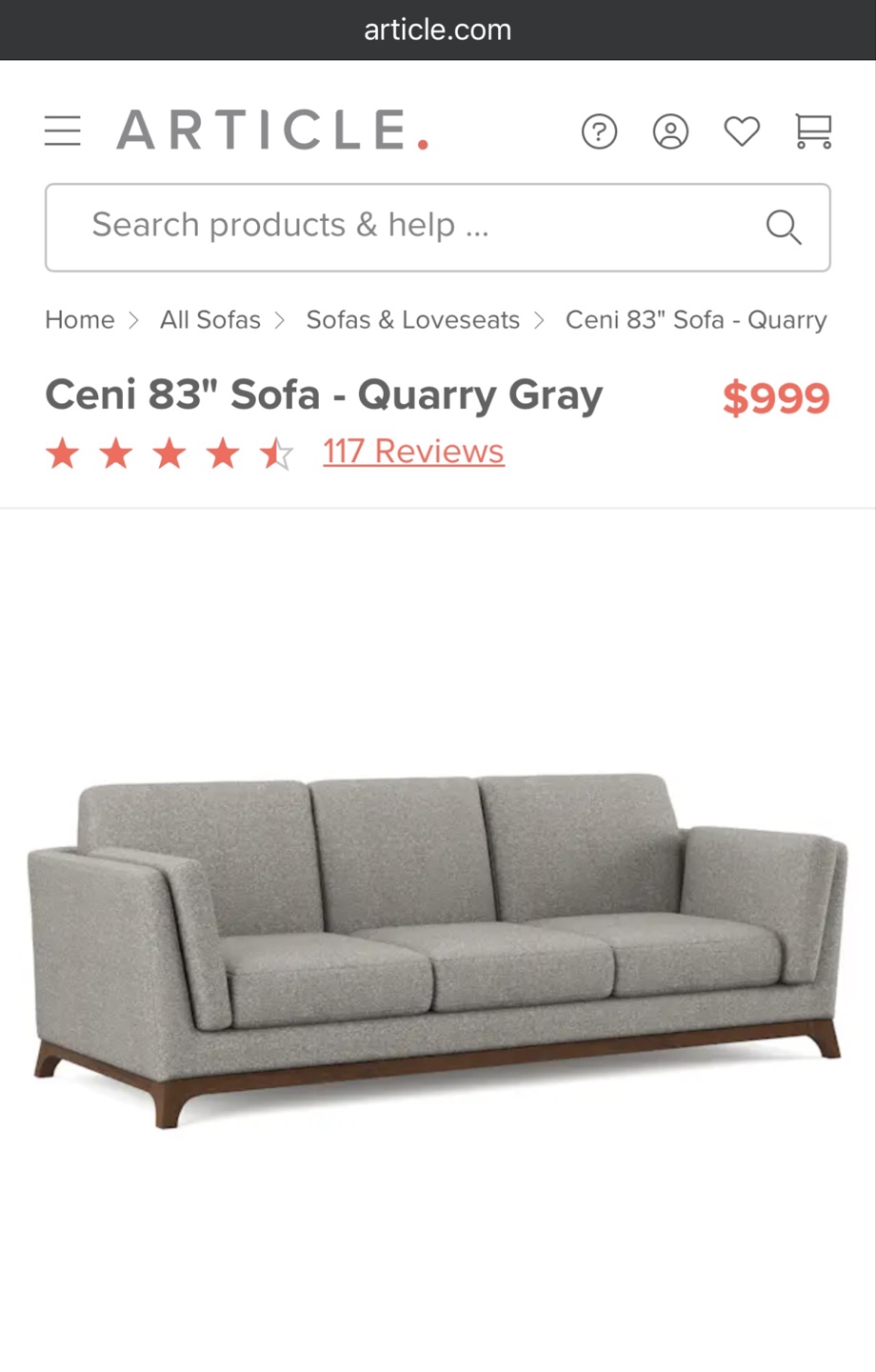 Article Ceni 83" Sofa- Volcanic Gray