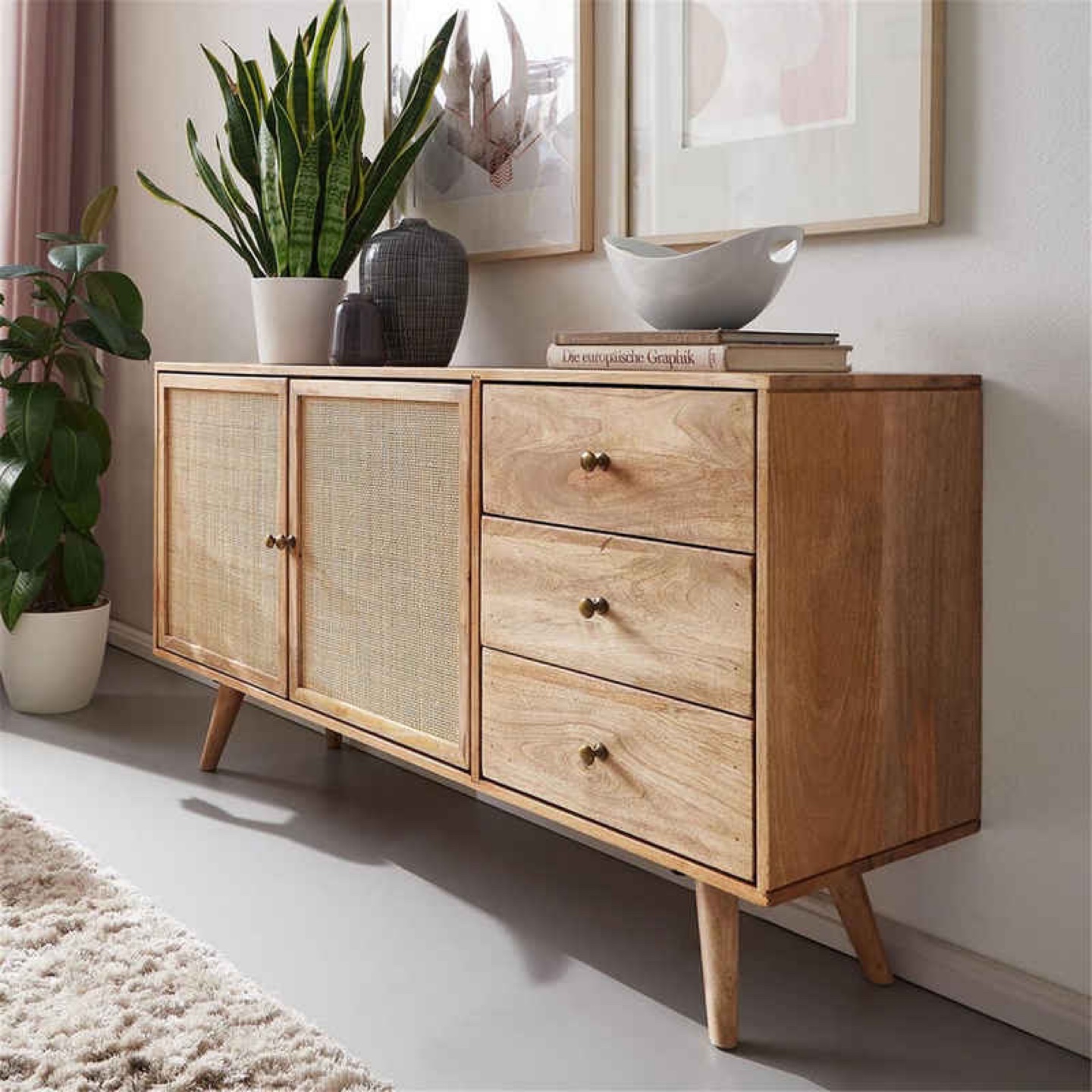 Mid-Century Modern Mango Wood Sideboard with Rattan Doors