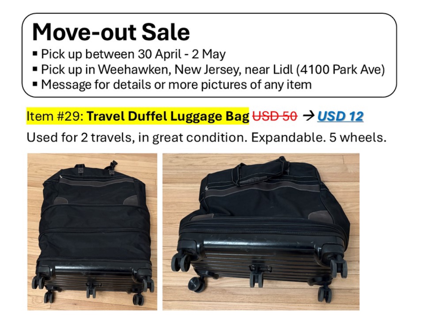 Travel Duffel Luggage Bag - 5 Wheels, Expandable