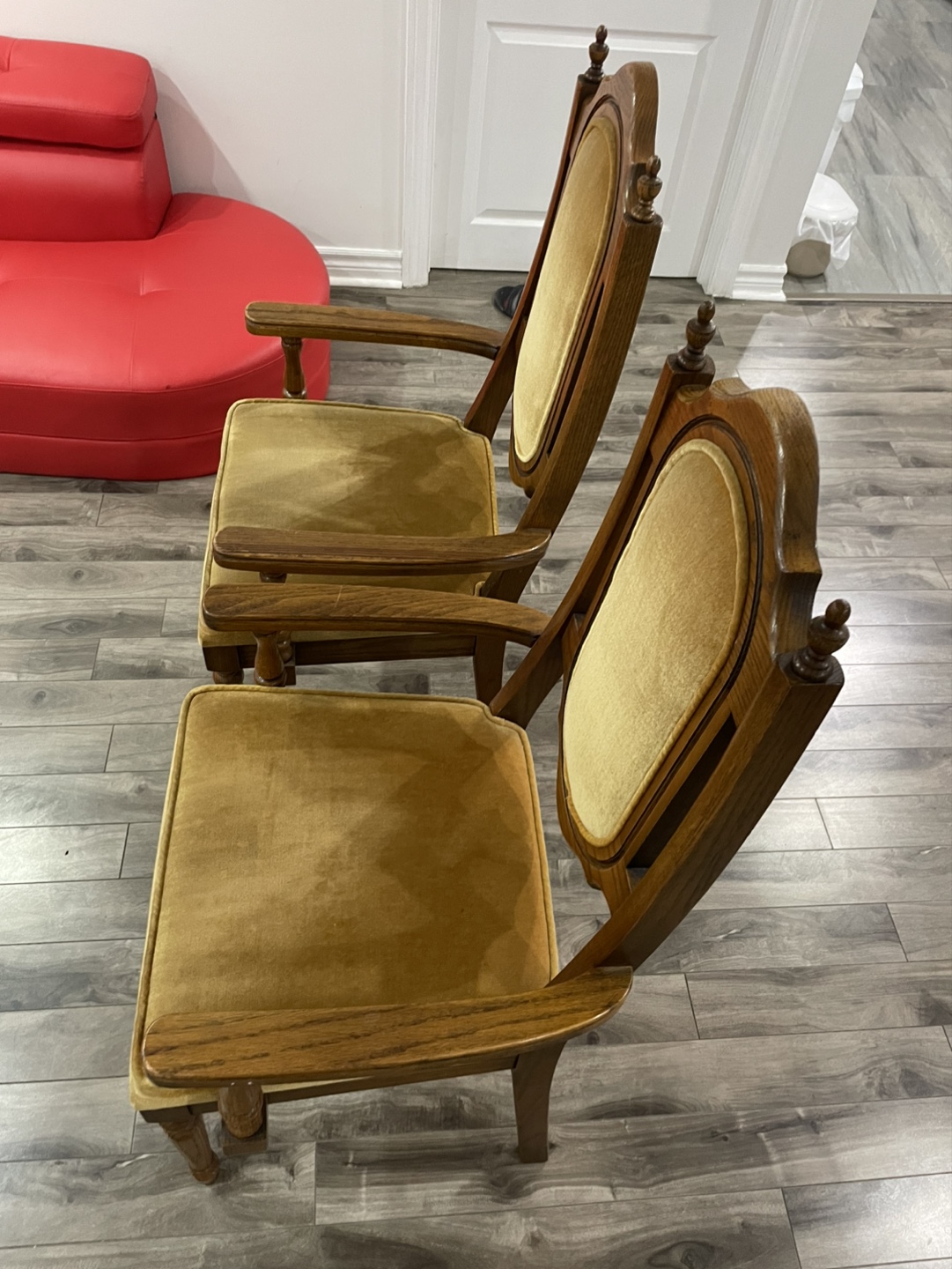 Pair of Vintage Wooden Armchairs with Gold Velvet Upholstery