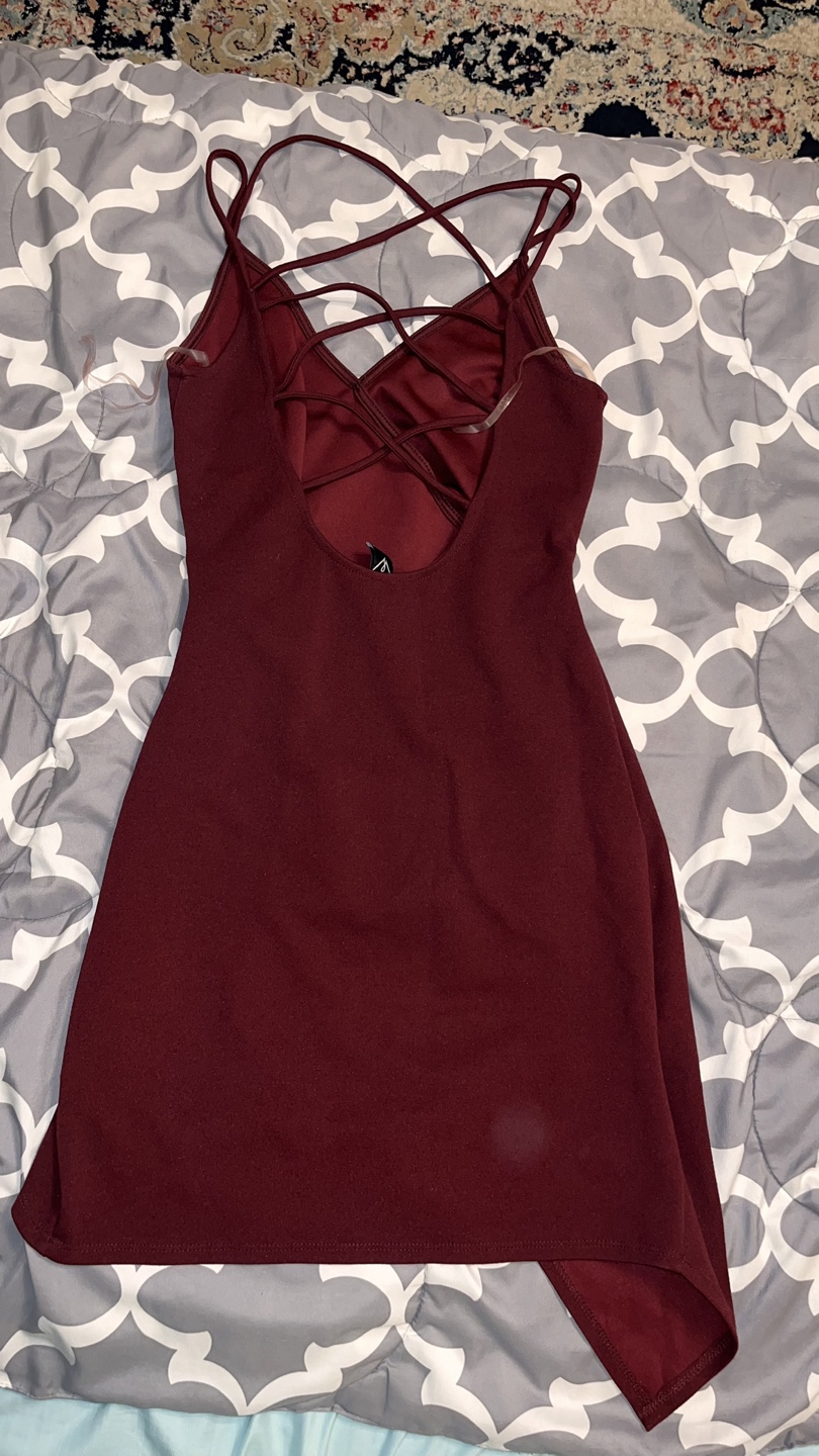 Burgundy Cross Back Asymmetrical Mini Dress - photo 2