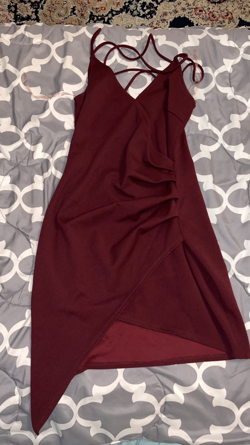 Burgundy Cross Back Asymmetrical Mini Dress