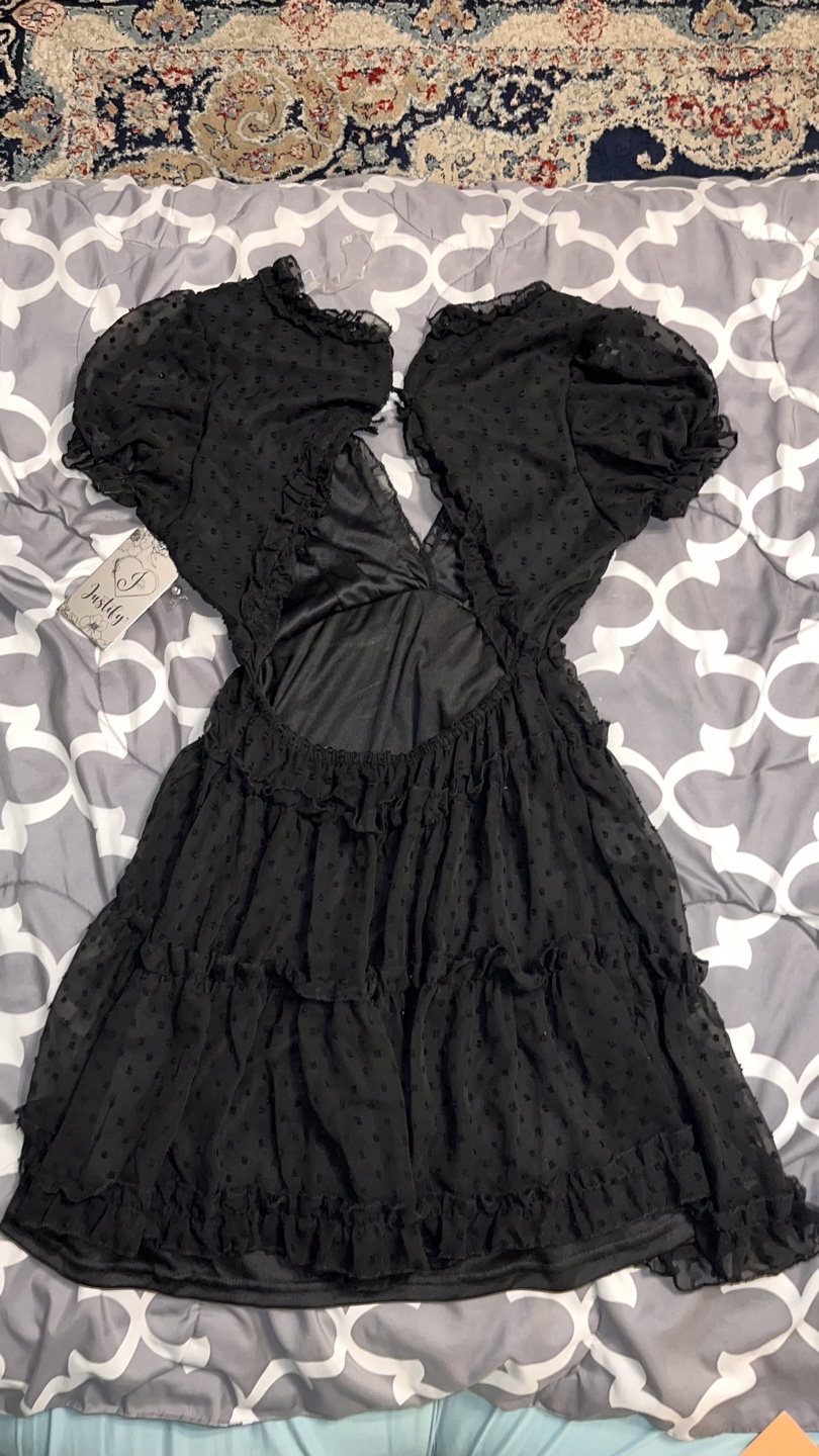 Black Swiss Dot Mini Dress with Puff Sleeves and Ruffle Detail - photo 2