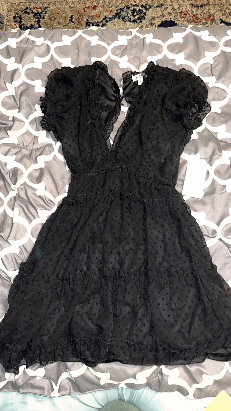 Black Swiss Dot Mini Dress with Puff Sleeves and Ruffle Detail