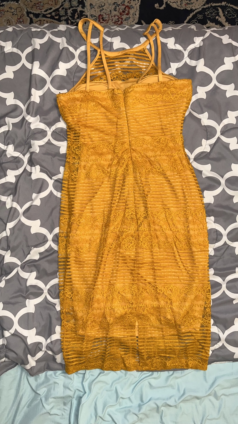 Mustard Yellow Lace Bodycon Dress - photo 2