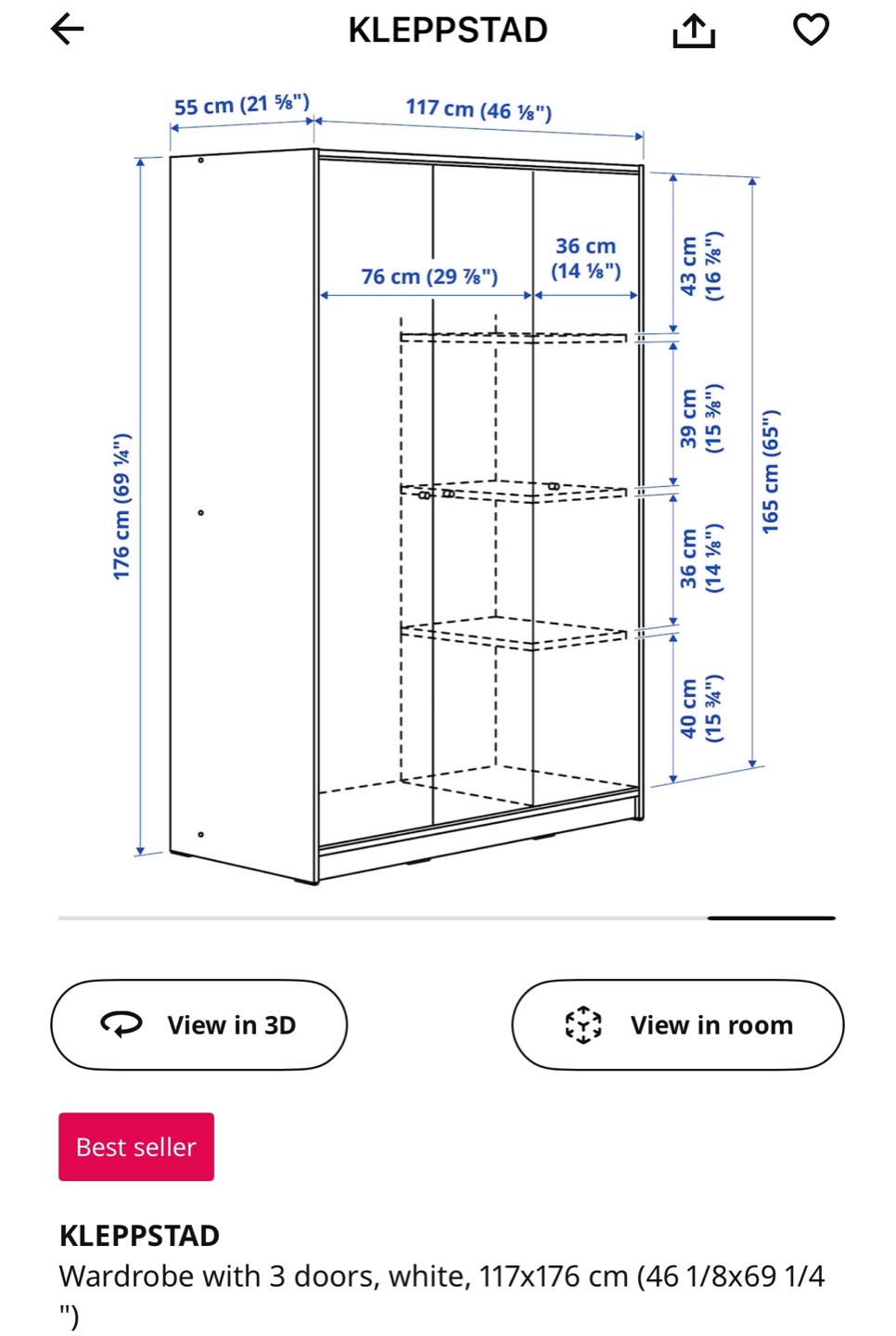 IKEA KLEPPSTAD Wardrobe - White 3-Door - photo 3