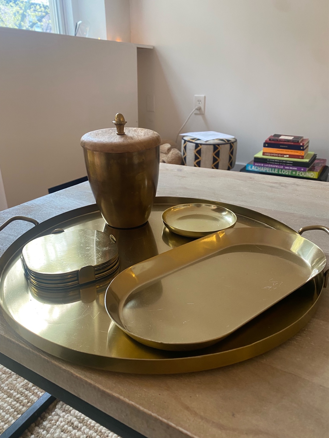 Gold Metal Tray Set with Wooden Lidded Container - photo 2