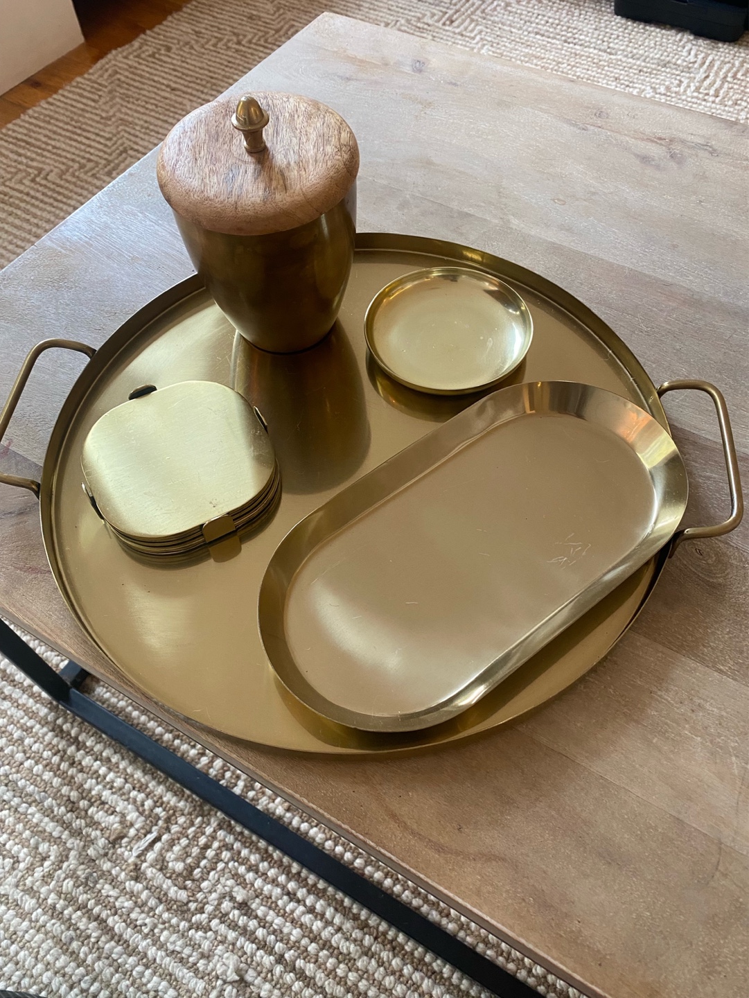Gold Metal Tray Set with Wooden Lidded Container