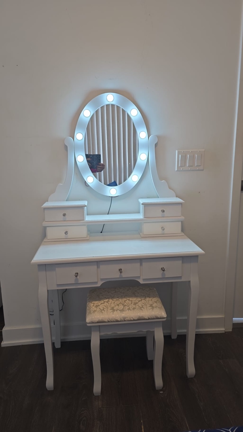 White Vanity Set with LED Mirror and Stool
