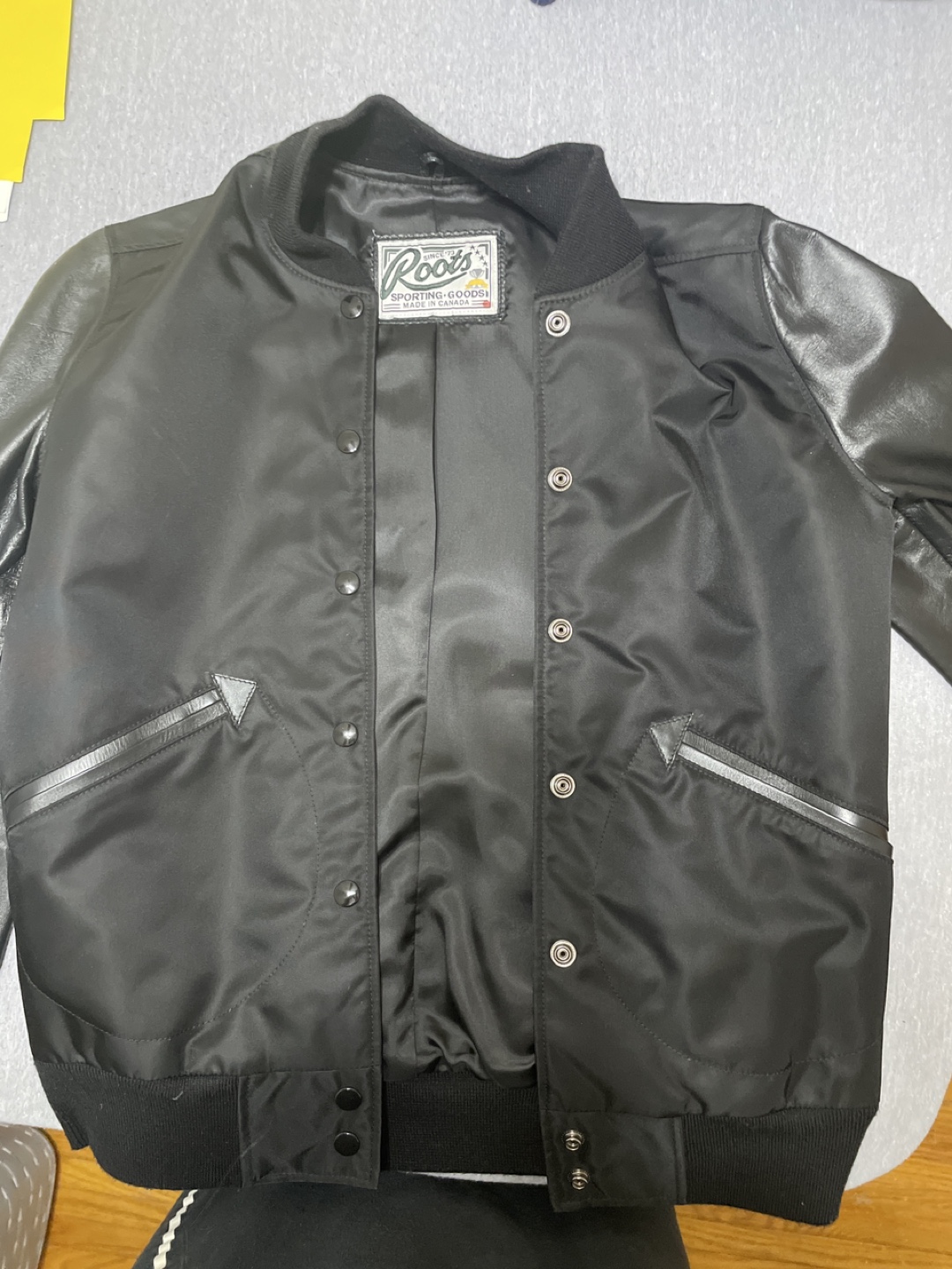 Roots Sports Black Leather Baseball Jacket