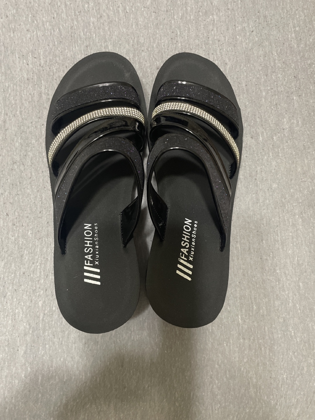 Women's Black Glitter Wedge Sandals