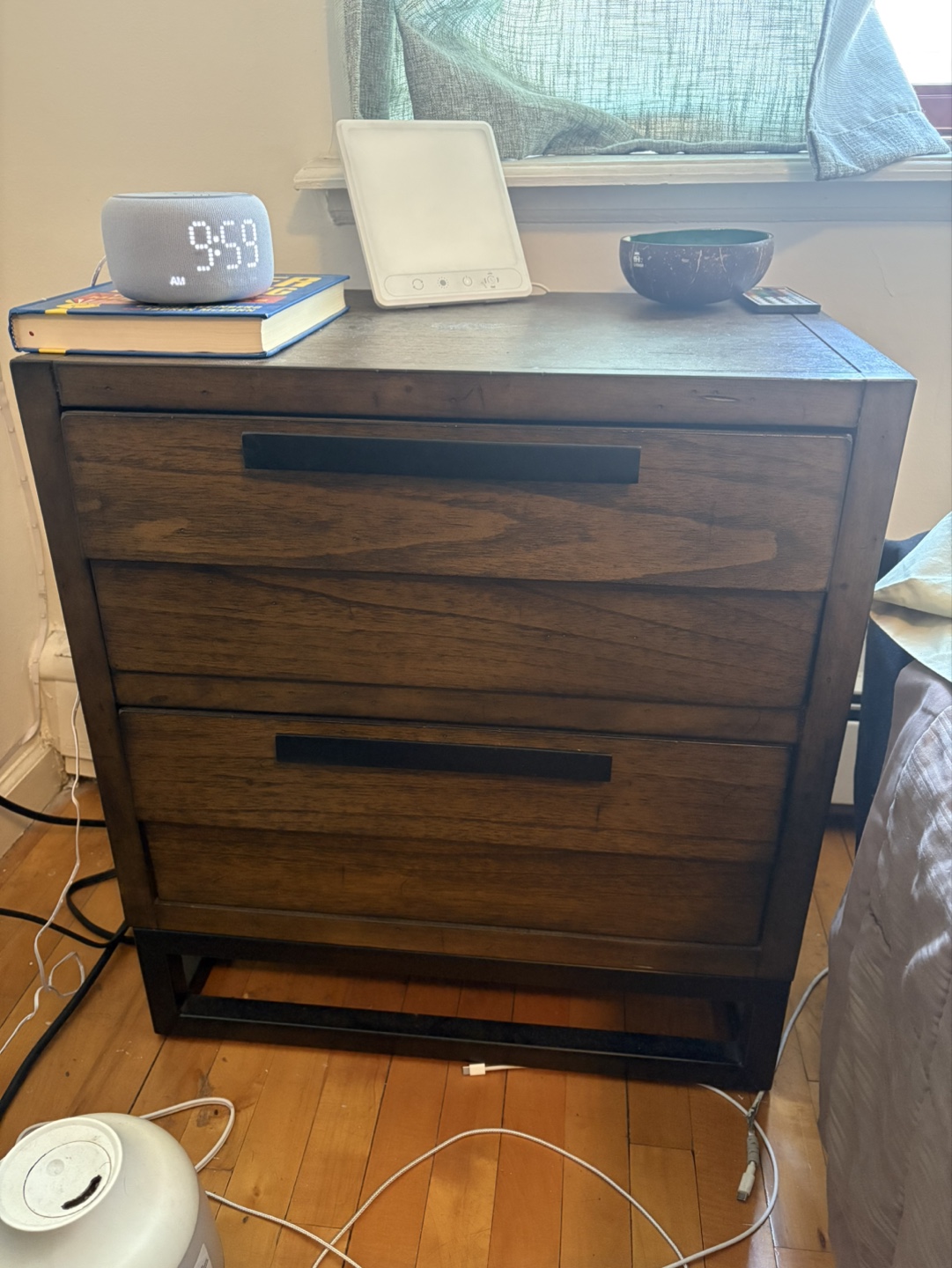 Two-Drawer Wood Nightstand with Outlets and USB