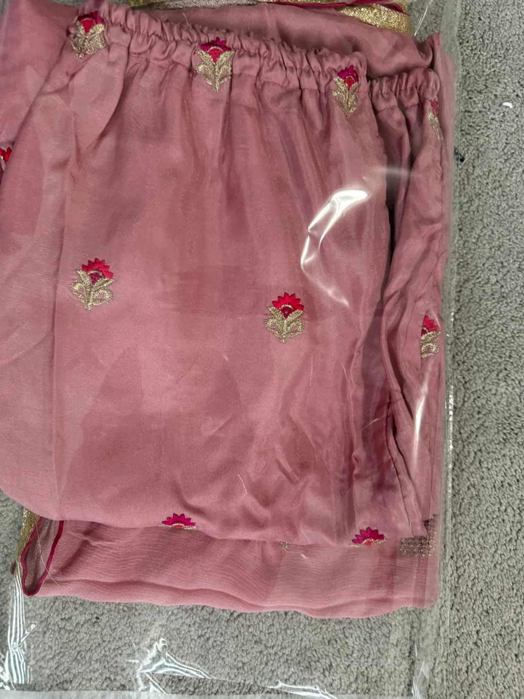 Beautiful Pink Embroidered plazo suit stiched fully with linen image indicator(3)