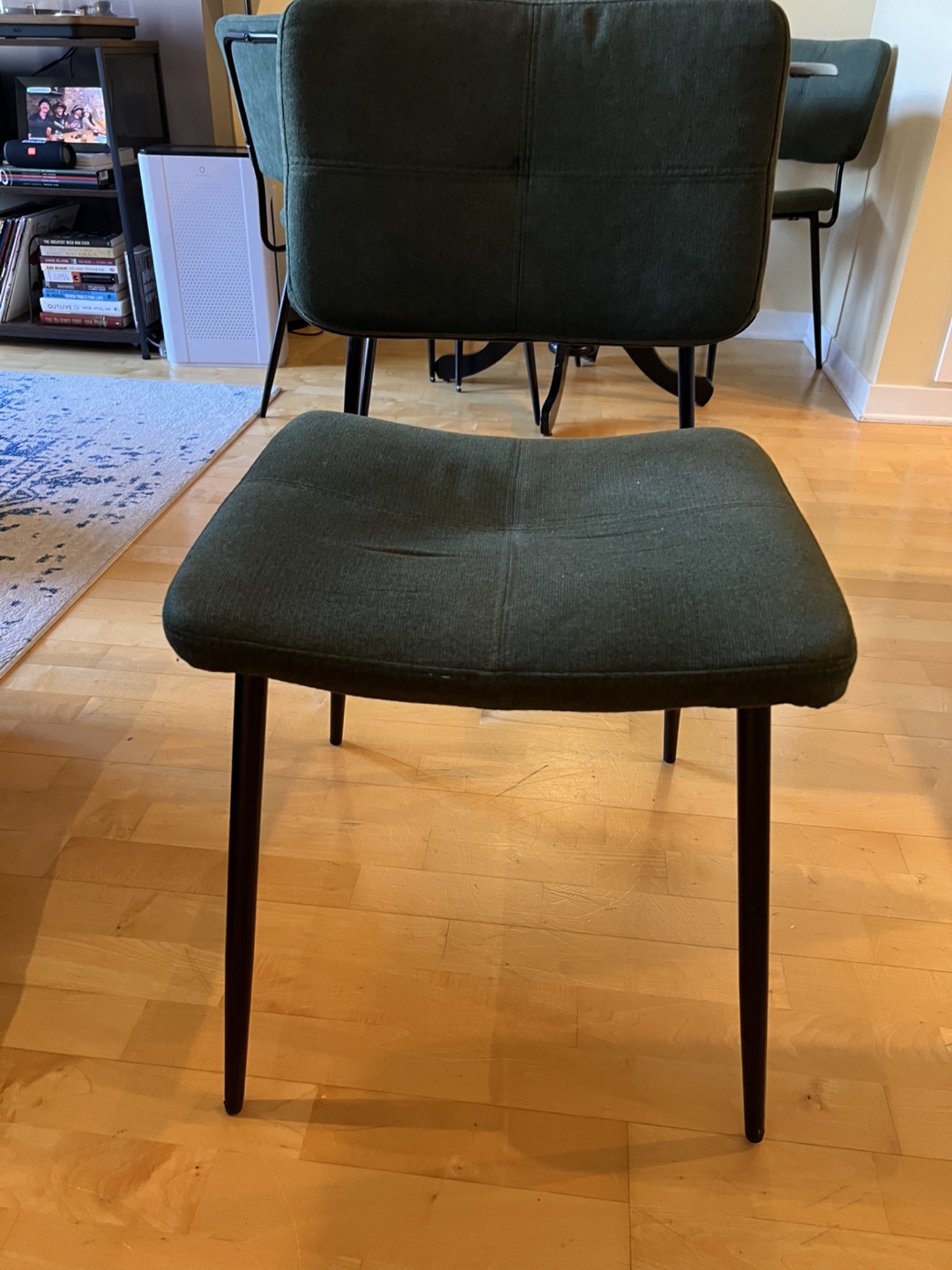 Four Dark Green Upholstered Dining Chairs with Black Metal Legs - photo 3