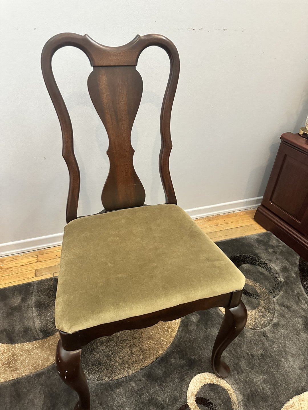 Elegant Dark Wood Dining Chair with Olive Green Upholstery