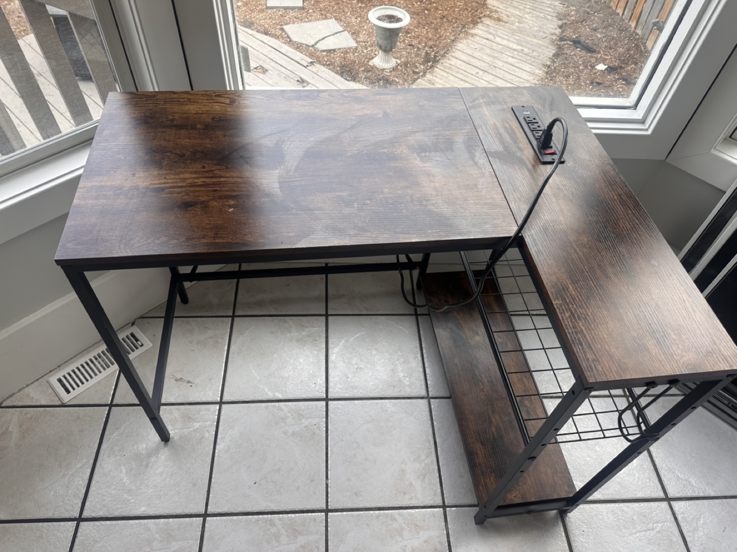 L-Shaped Computer Desk with Built-in Power Strip