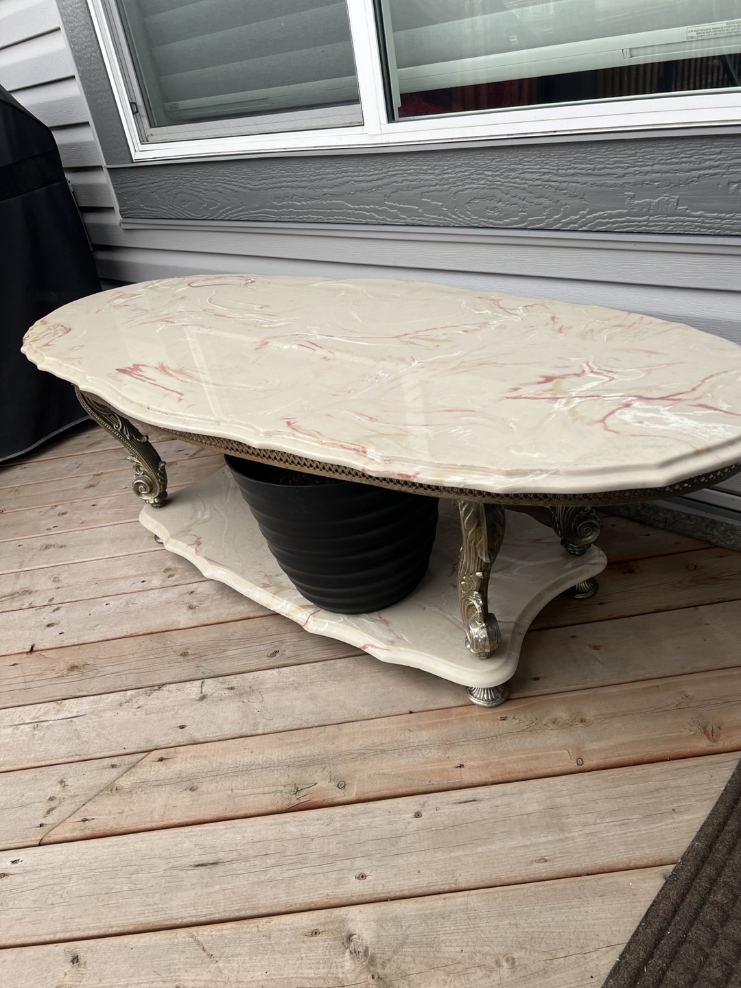 Oval Coffee Table with Marble Top and Shelf
