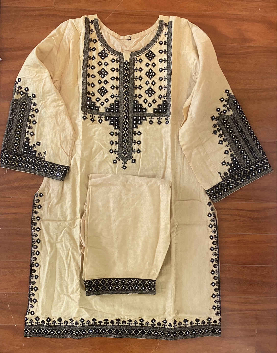 Beige and Black Embroidered Shalwar Kameez