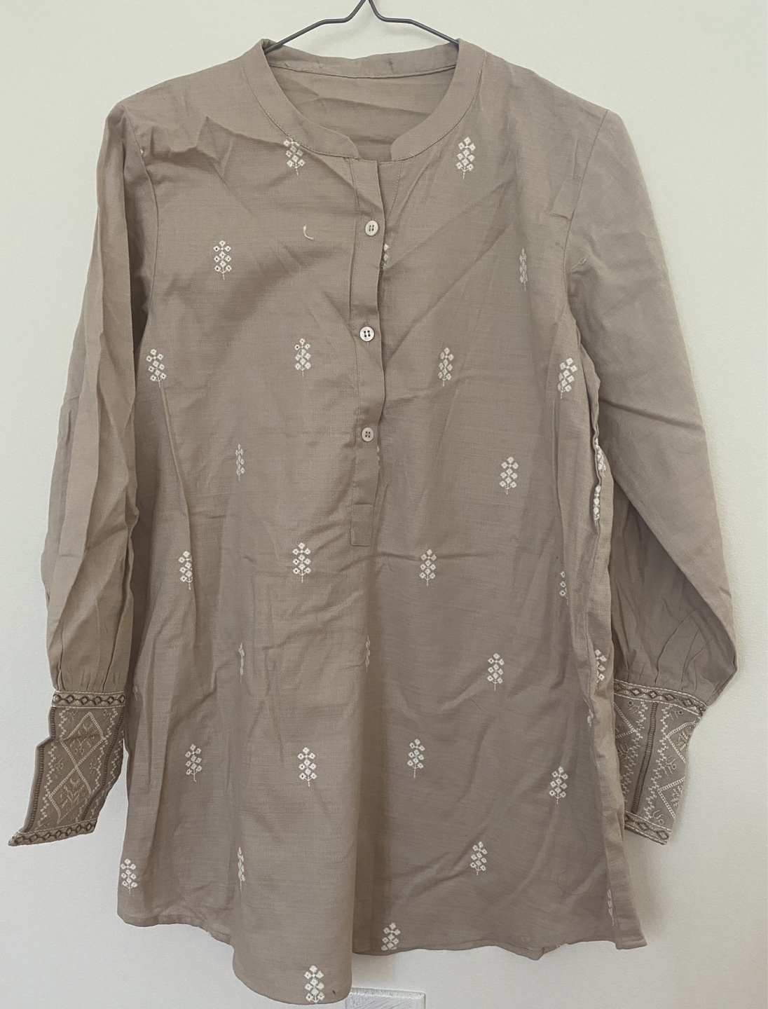 Embroidered taupe tunic top