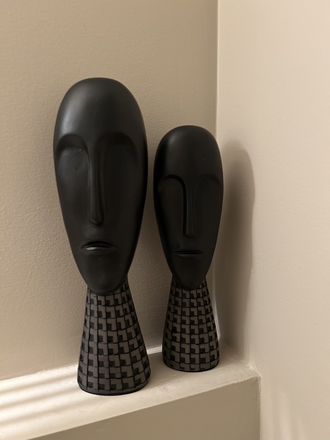 Pair of Modern Black and Grey Geometric Head Sculptures