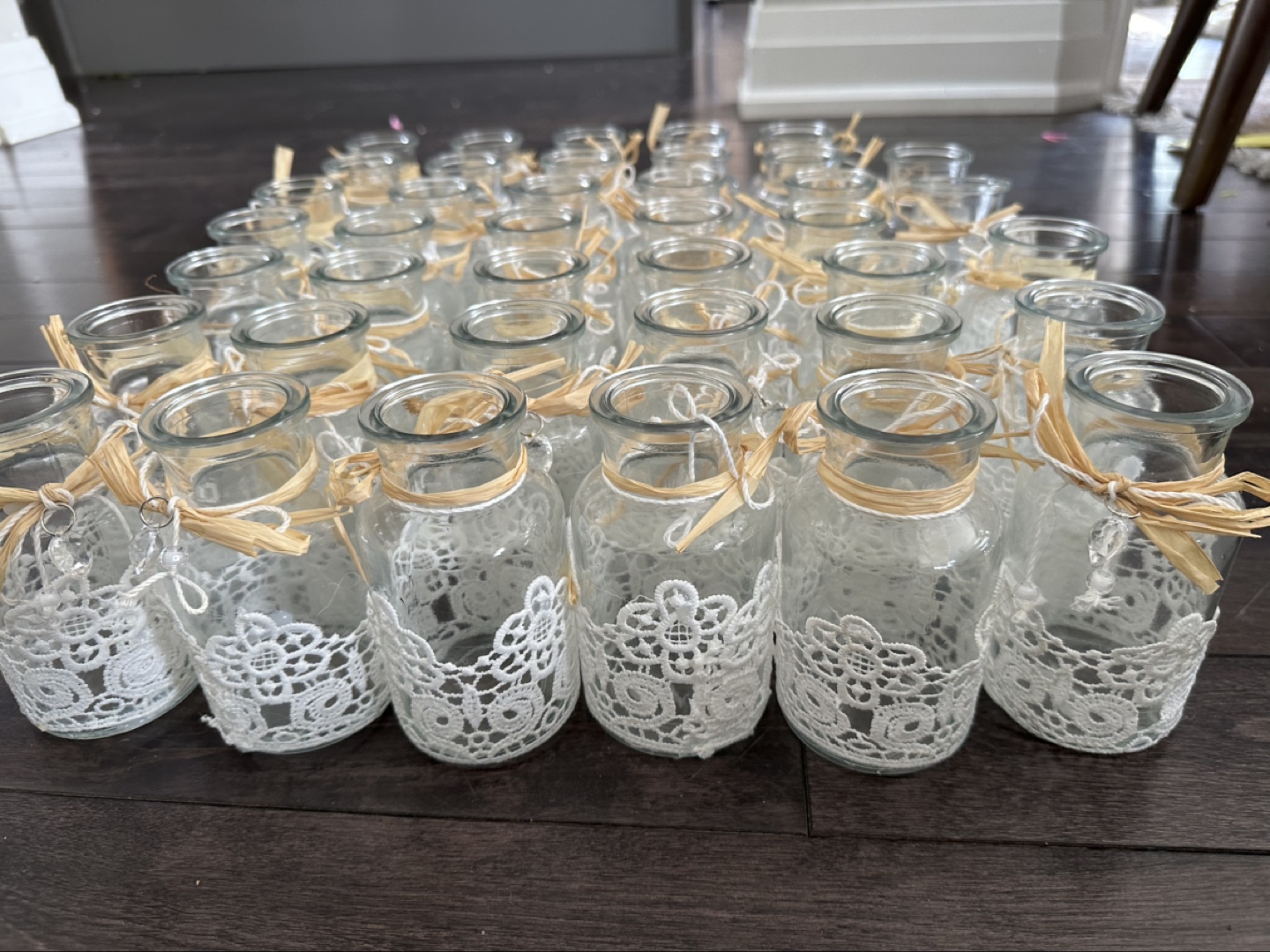 Bulk Lot of 40 Glass Jars with Lace and Raffia