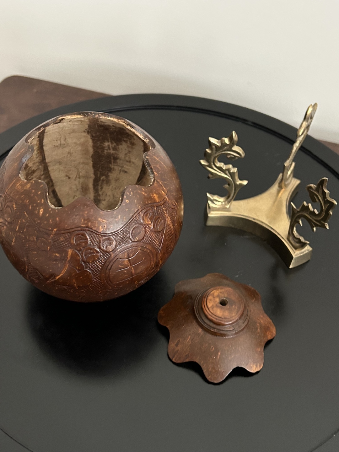 Hand-Carved Coconut Shell with Brass Stand – Decorative Folk Art - photo 5