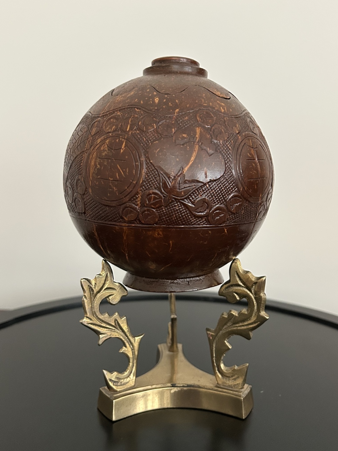 Hand-Carved Coconut Shell with Brass Stand – Decorative Folk Art