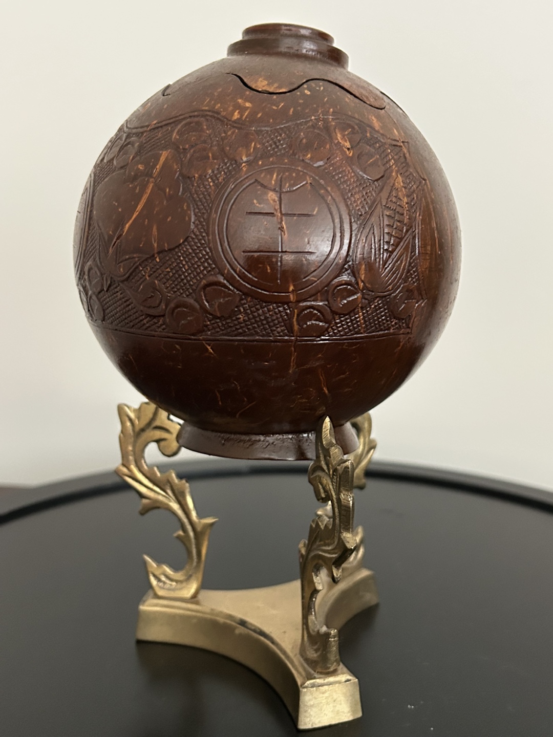 Hand-Carved Coconut Shell with Brass Stand – Decorative Folk Art - photo 2