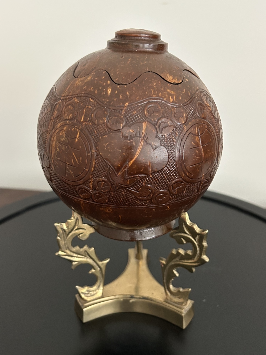 Hand-Carved Coconut Shell with Brass Stand – Decorative Folk Art - photo 4