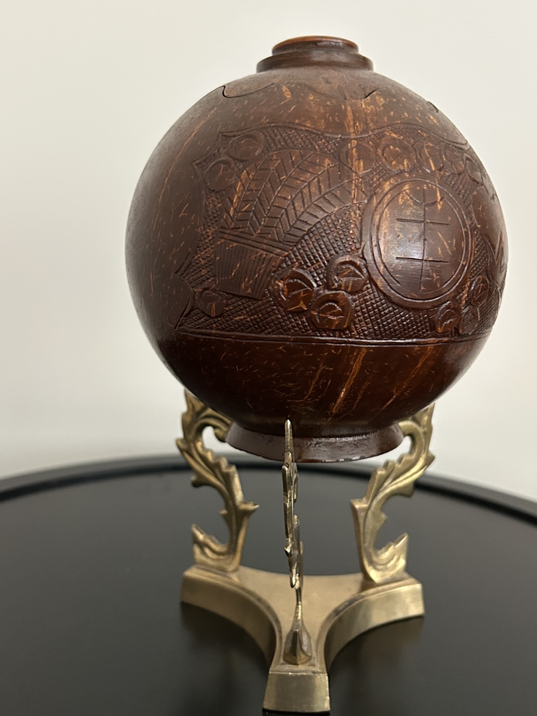 Hand-Carved Coconut Shell with Brass Stand – Decorative Folk Art - photo 3