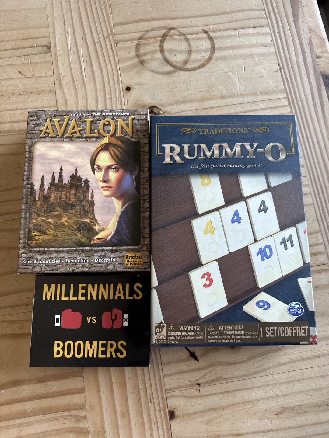 Board Game Bundle – Avalon, Rummy-O, Millennials vs Boomers