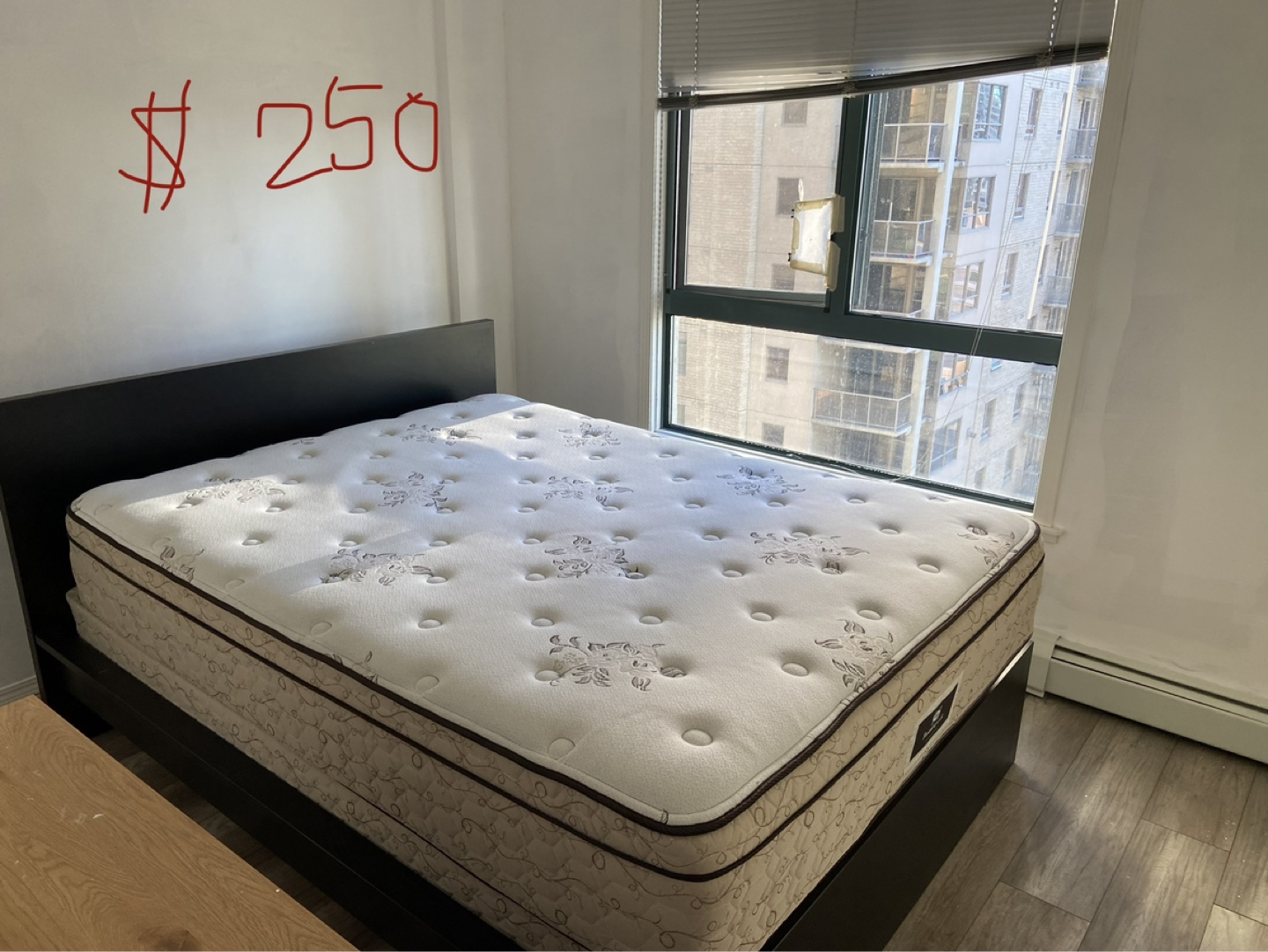Queen bed frame, mattress and box spring