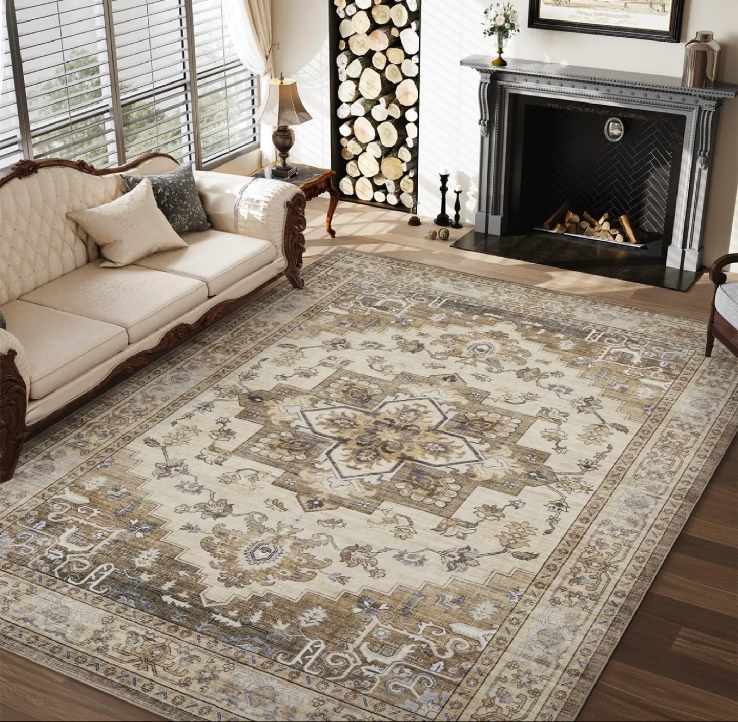 9x12 ft Vintage Taupe-Floral Area Rug - Machine Washable image indicator(6)
