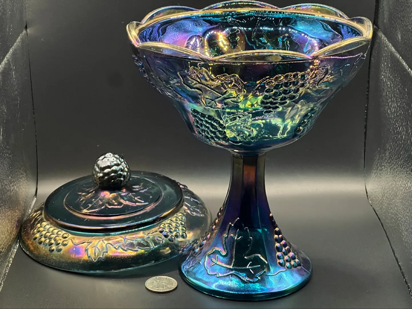 Vintage Iridescent Carnival Glass Candy Dish with Lid image indicator(3)