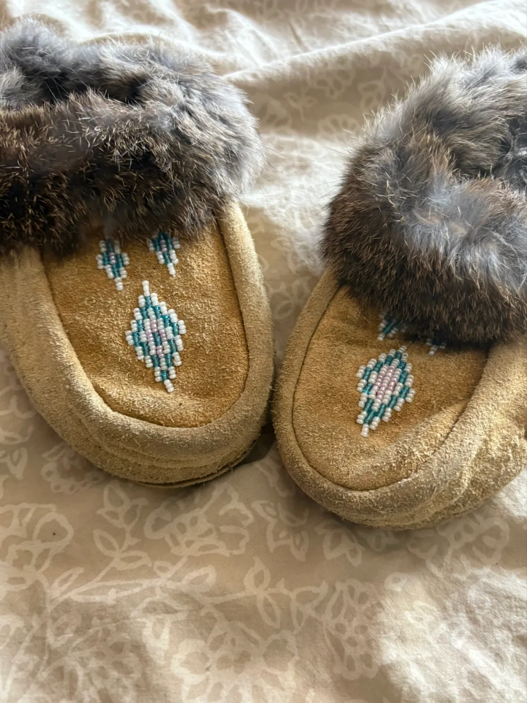 Authentic Beaded Suede Moccasins with Fur Trim